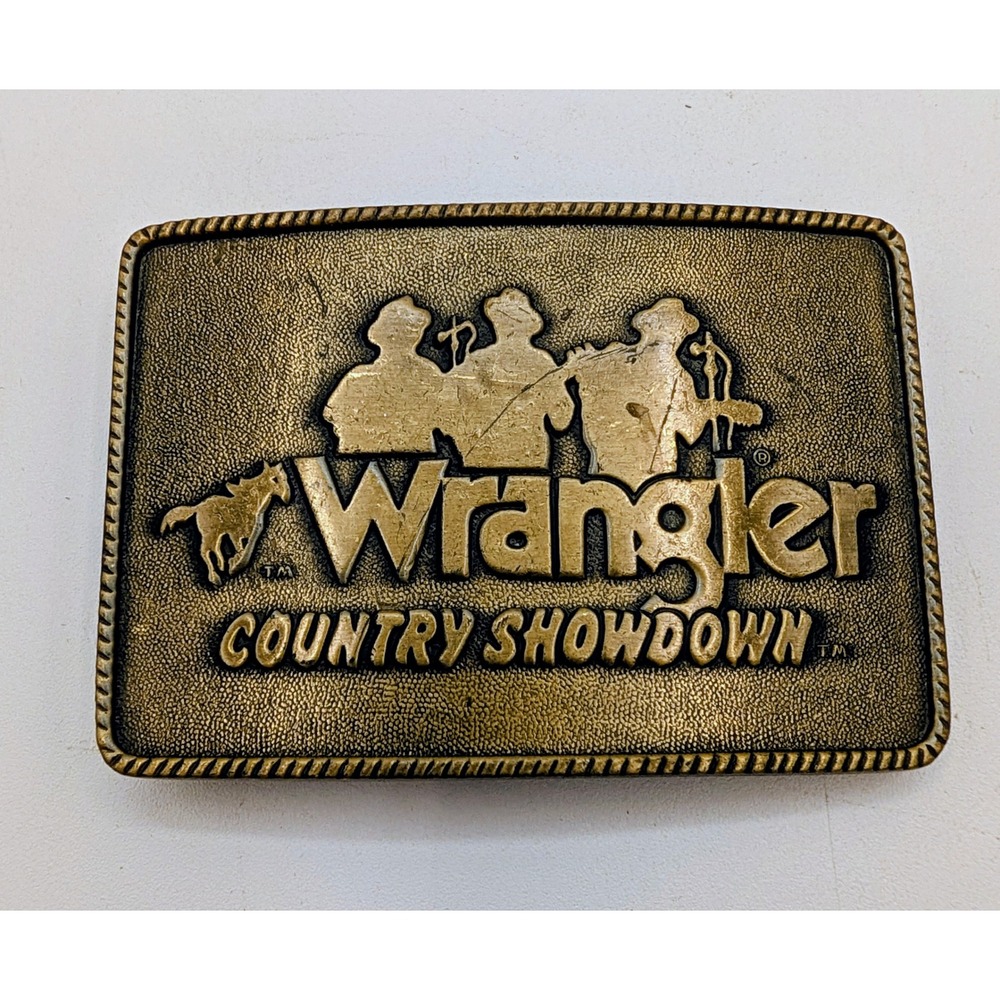 Vintage Wrangler Country Showdown Belt Buckle Brass Tone Western Cowboy Music
